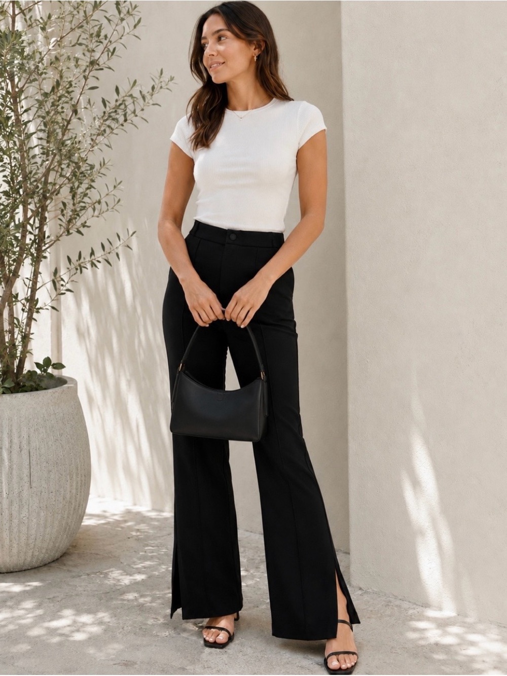 Gap High Rise Wide Leg Pull-On Black Trousers with Side Slits size 8 Office Chic
